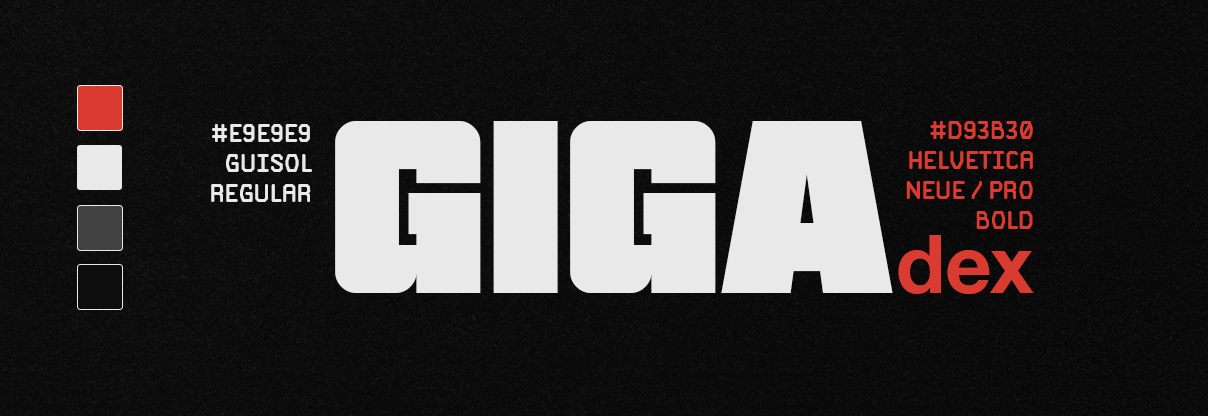 GIGA DEX reference sheet showing brand colors and logo typography